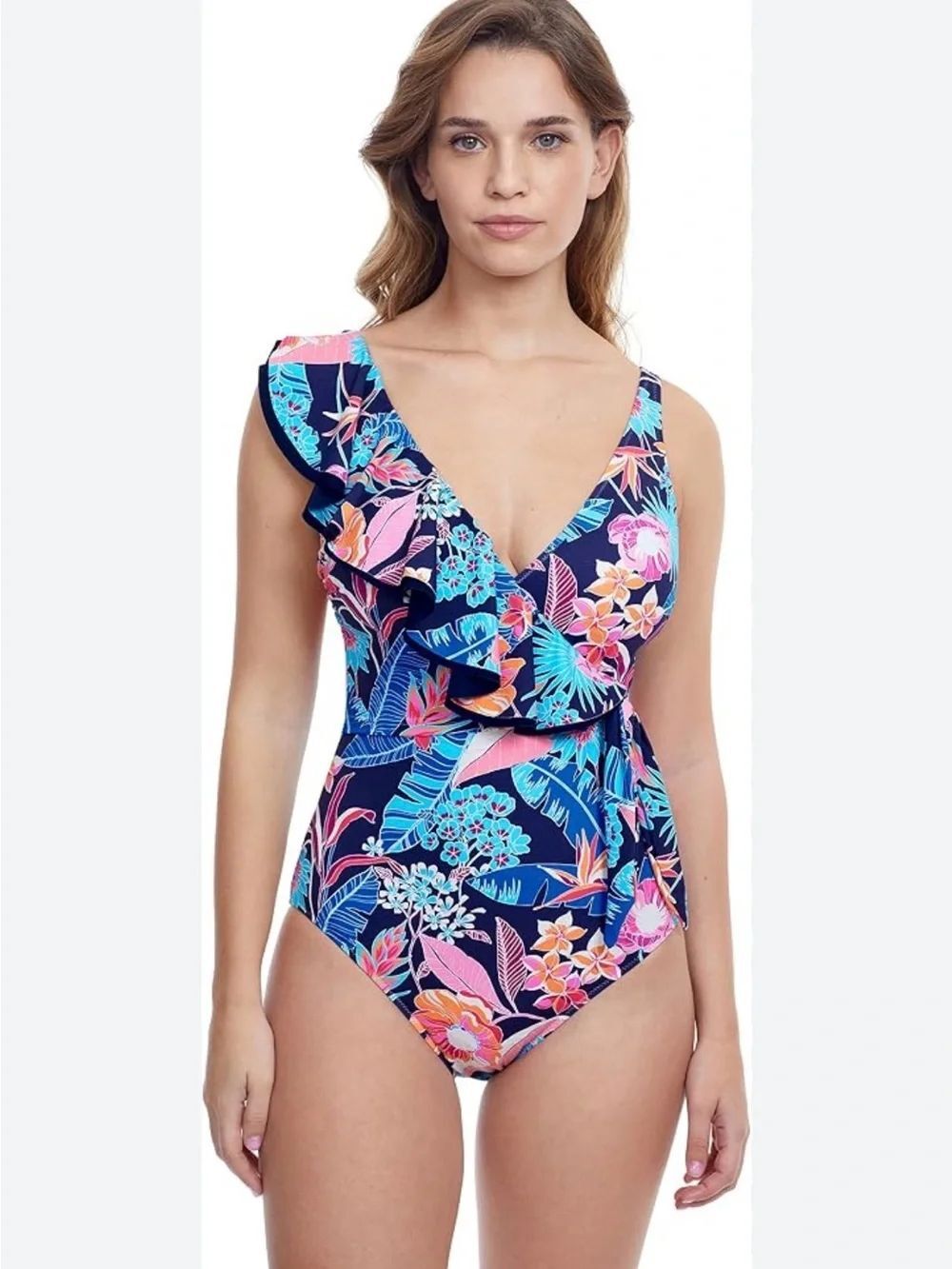 0140 Gottex Navy Floral Ruffle One-Piece Swimsuit